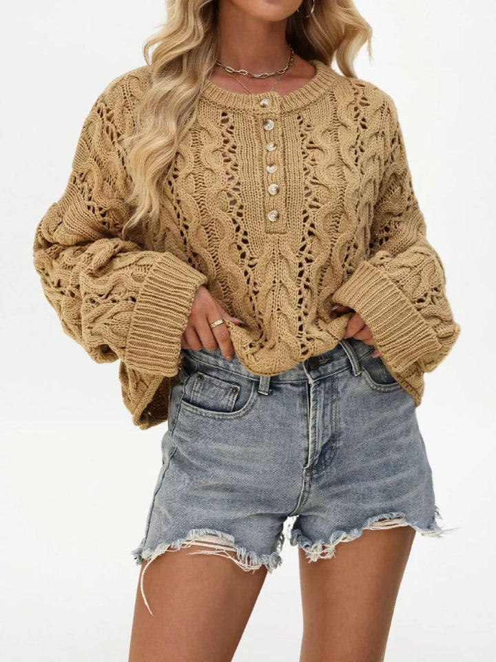 Openwork cable knit henley sweater with drop shoulders