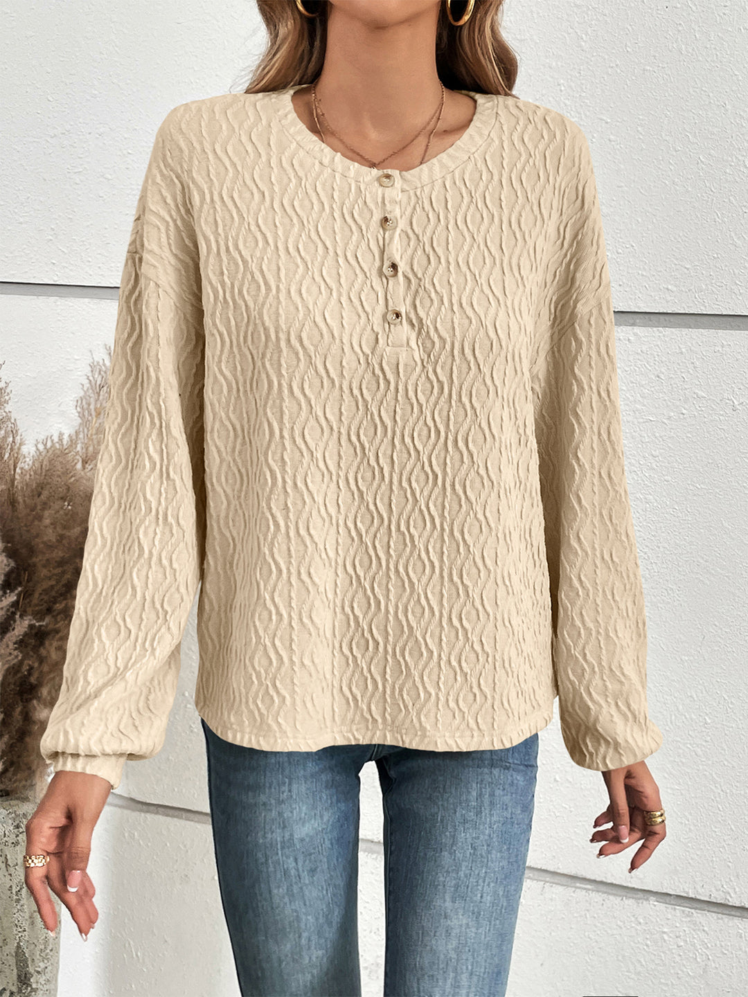 Ivory Textured half-button henley top with long sleeves