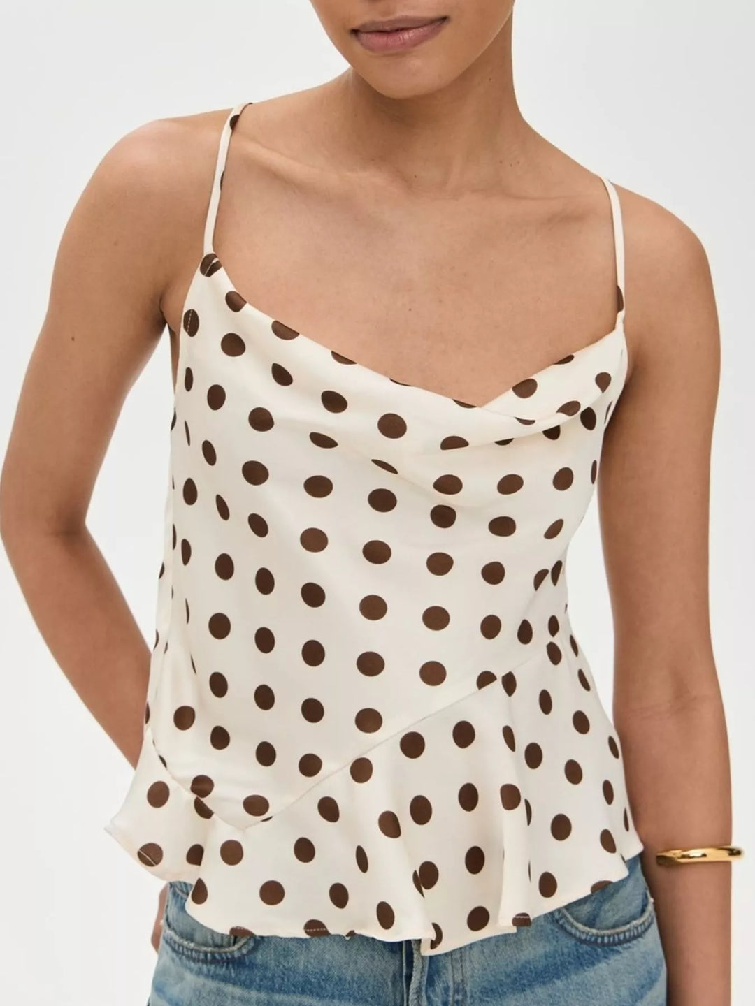 Beige Polka dot satin cowl neck cami with crisscross back tie