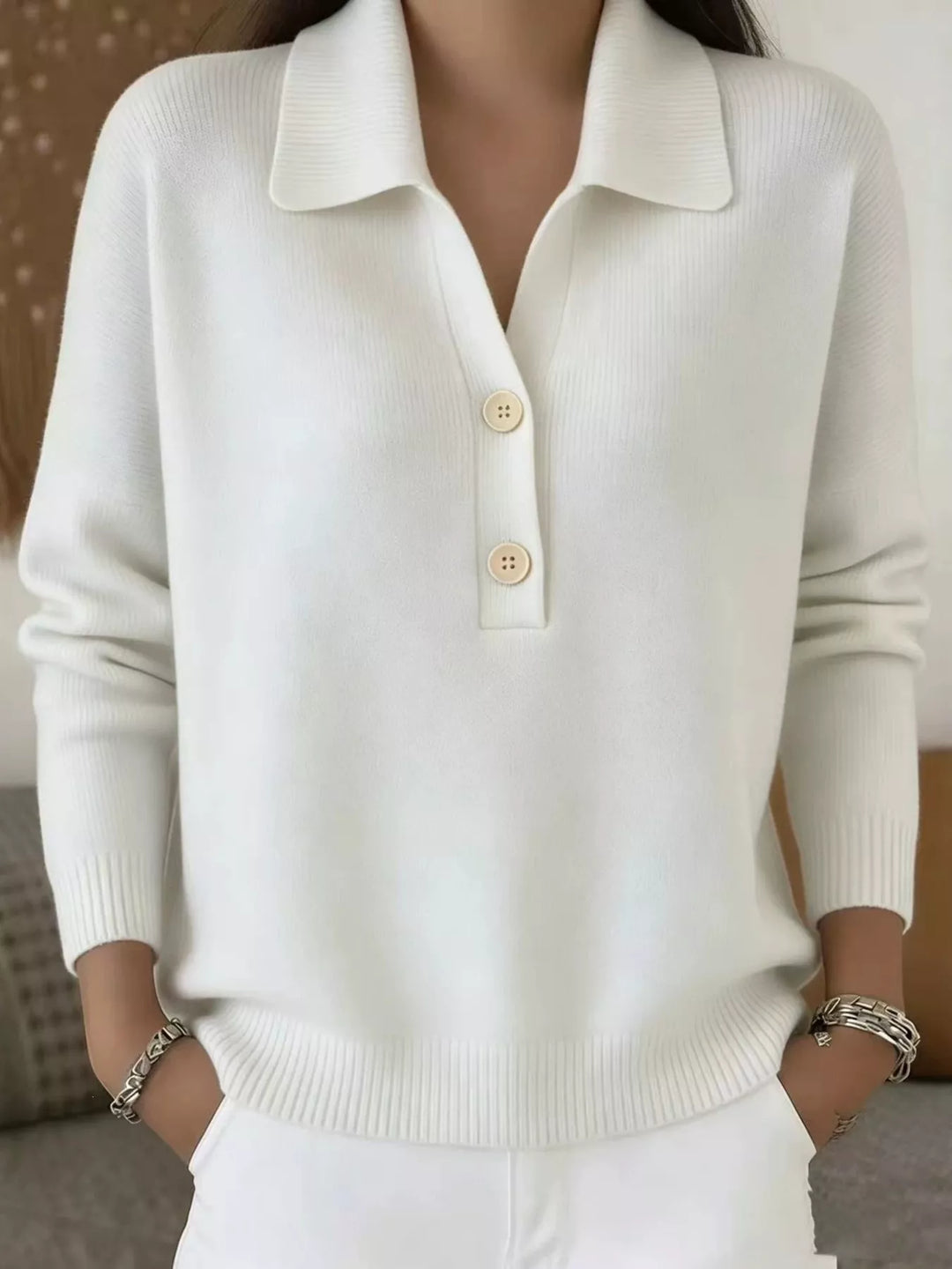 White Collared button-placket long sleeve knit polo sweater
