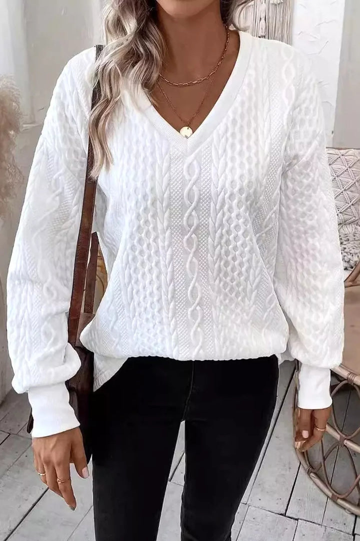 Cable-knit drop-shoulder V-neck pullover sweater