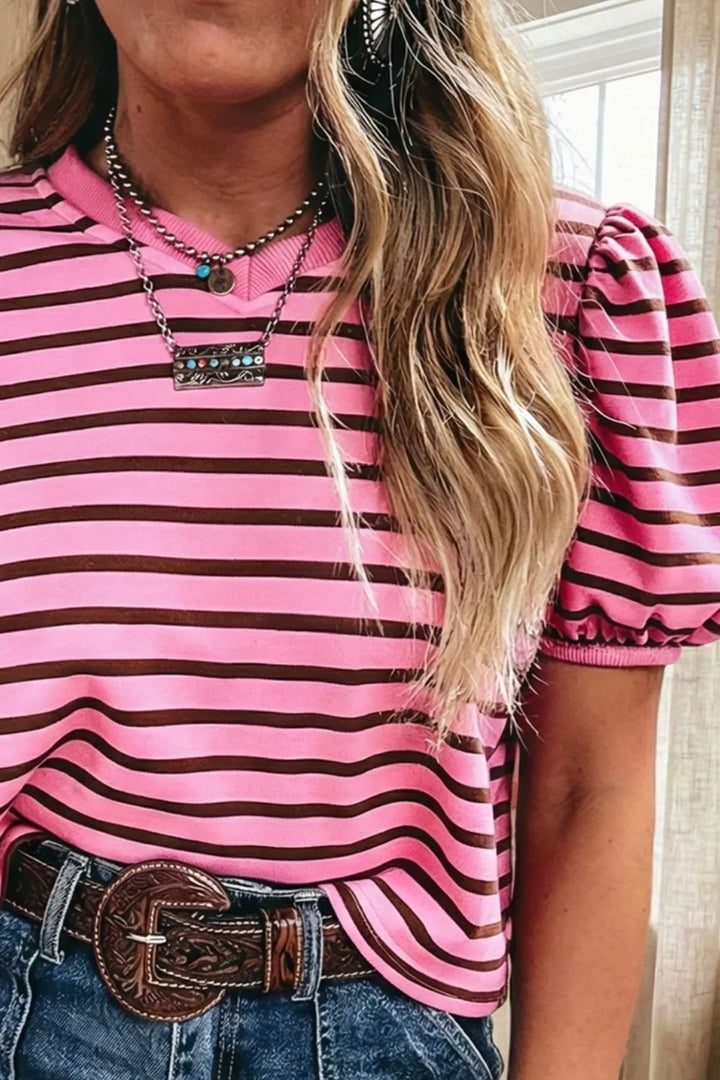 Striped puff sleeve top with ribbed V-neck collar
