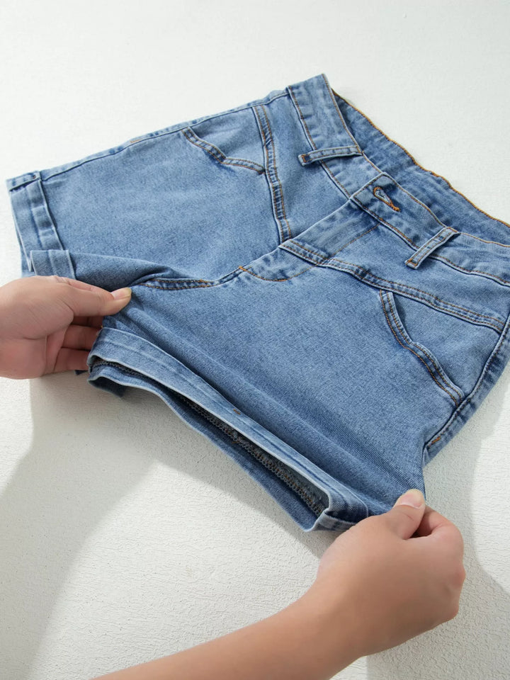 High-rise cuffed denim shorts with double-button waist