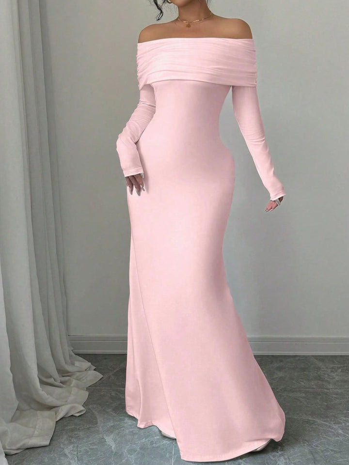 Dusty Pink Foldover off-shoulder long sleeve bodycon maxi dress