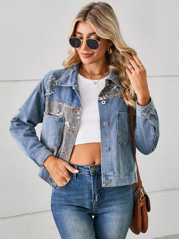 Distressed animal print cropped denim jacket