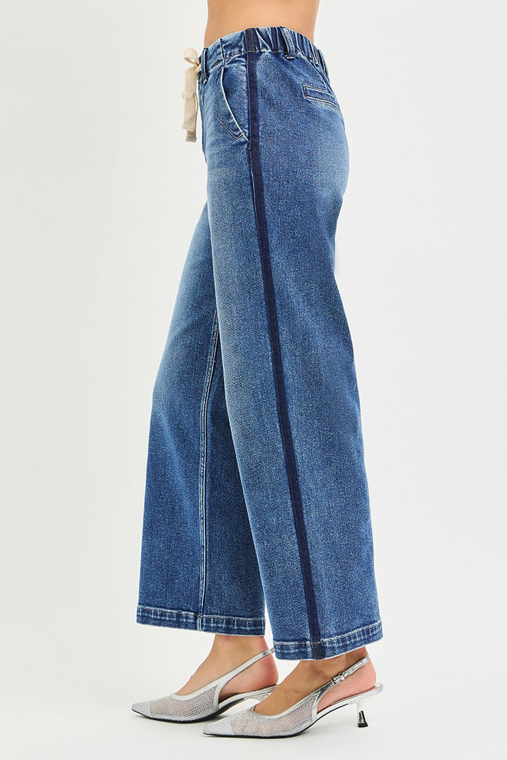 High-rise drawstring wide-leg cropped jeans