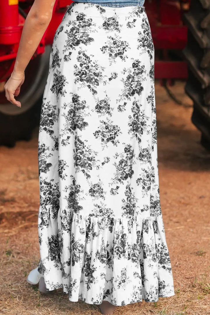 High-waist floral maxi skirt with ruffle and front slit