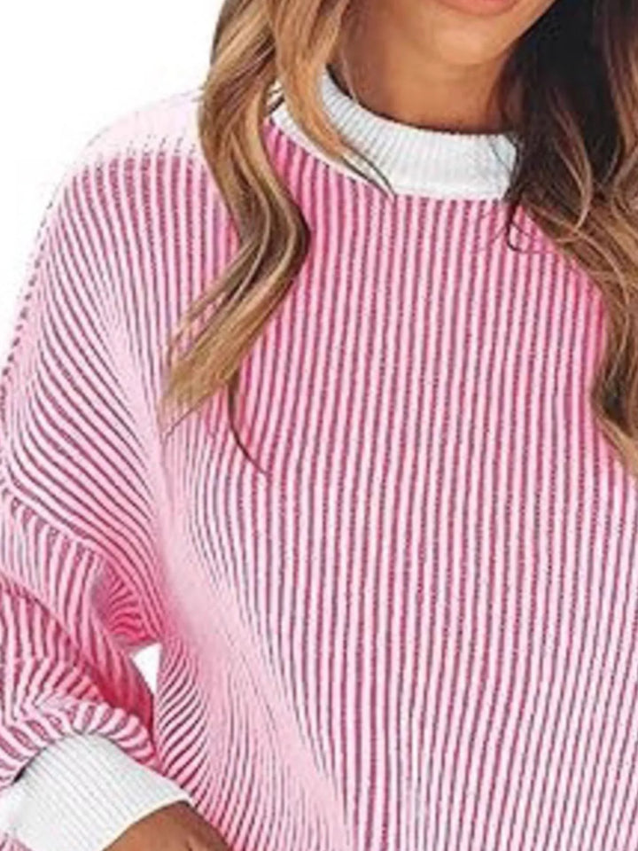 Striped ribbed knit drop shoulder sweater with side slits