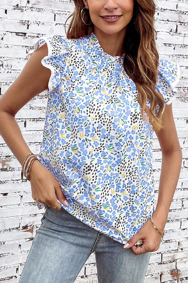 Light Blue Abstract print high-neck top with flutter ruffle sleeves