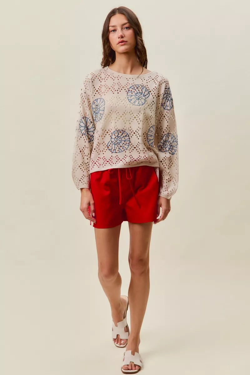 Seashell motif openwork knit long sleeve top