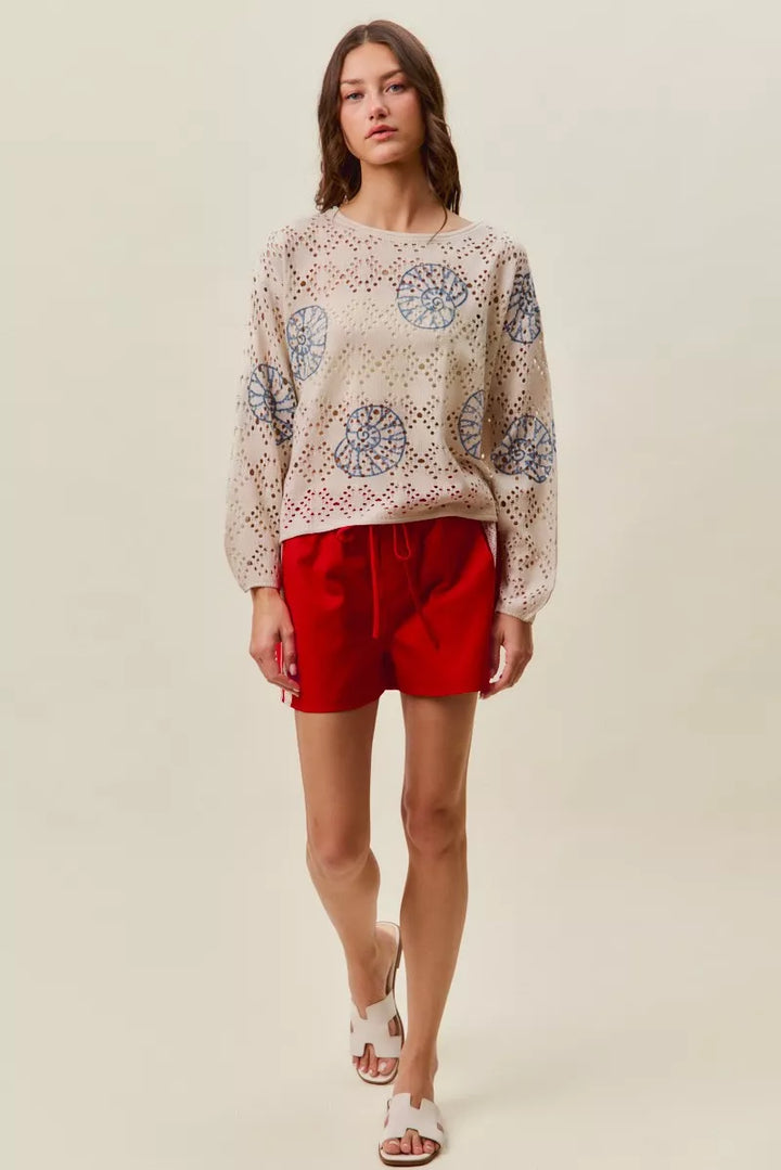 Seashell motif openwork knit long sleeve top