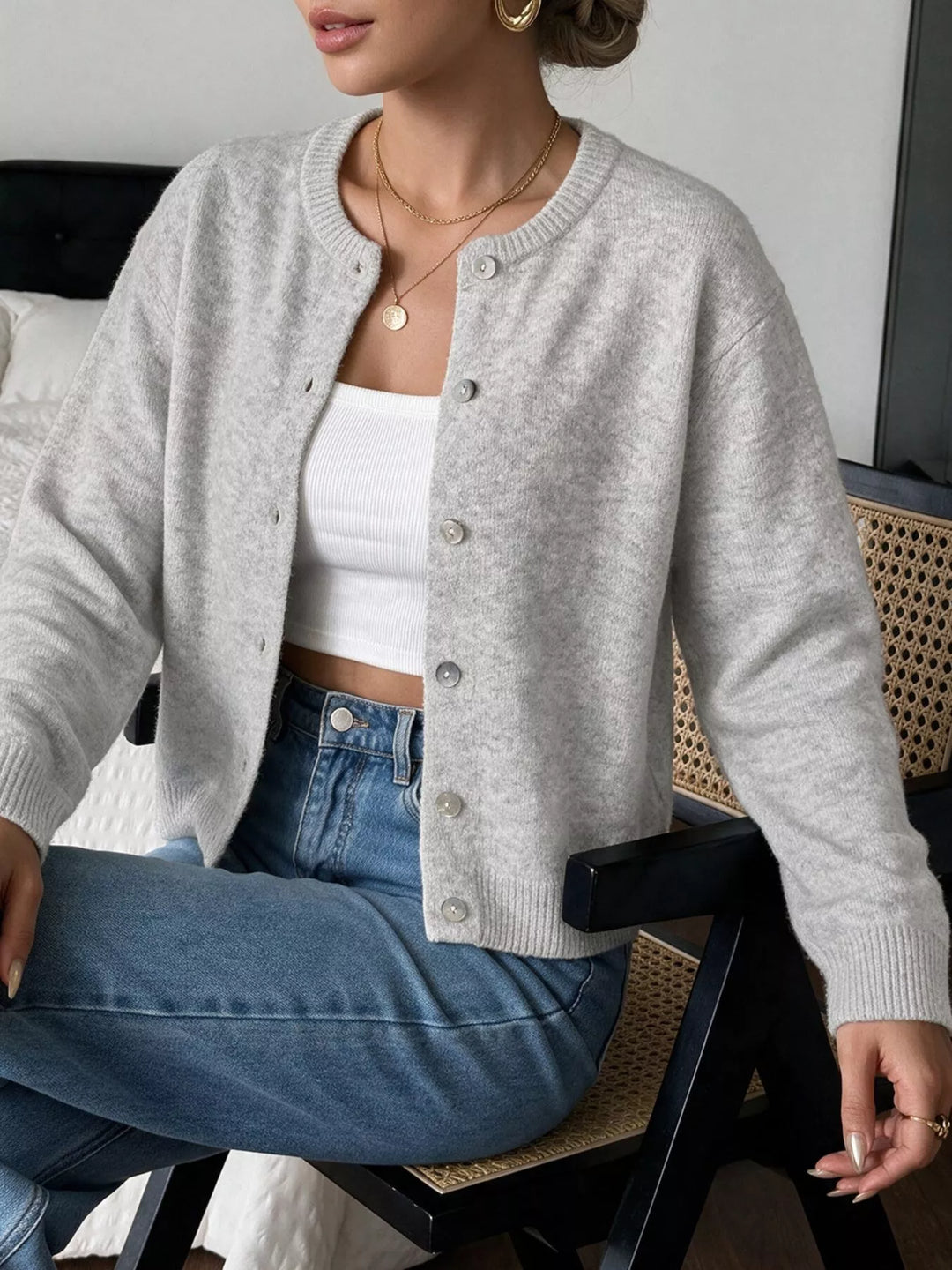Brushed knit button-down cardigan with ribbed crew neck