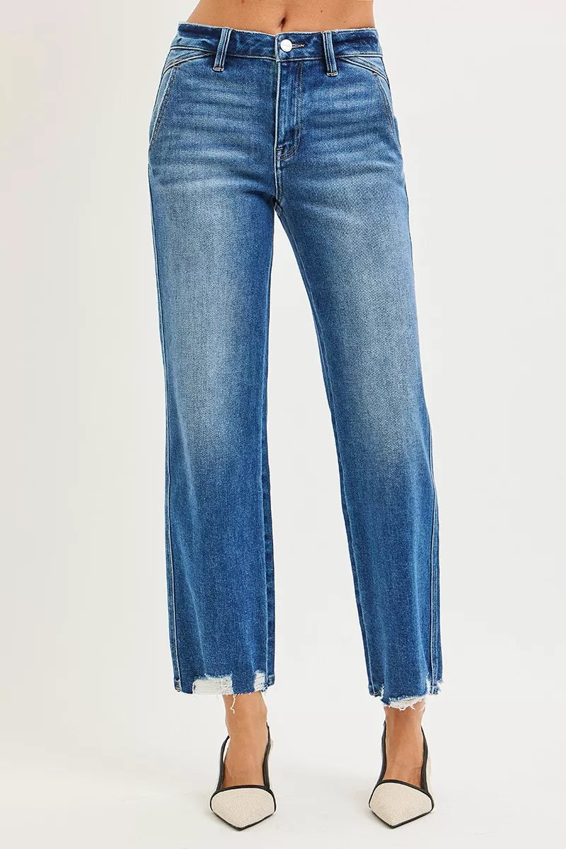 High-rise straight ankle jeans with distressed raw hem