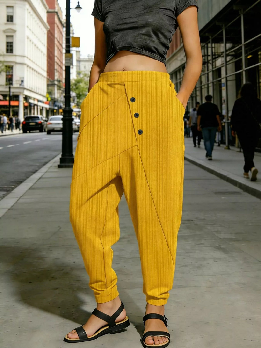 Gold Plus size ribbed harem pants with decorative buttons