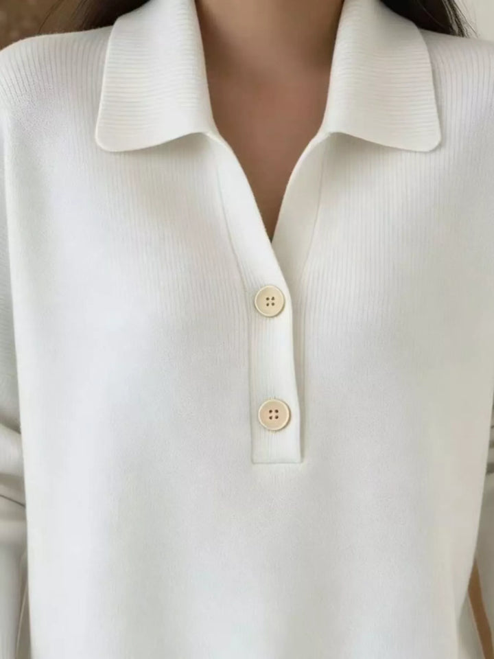 Collared button-placket long sleeve knit polo sweater