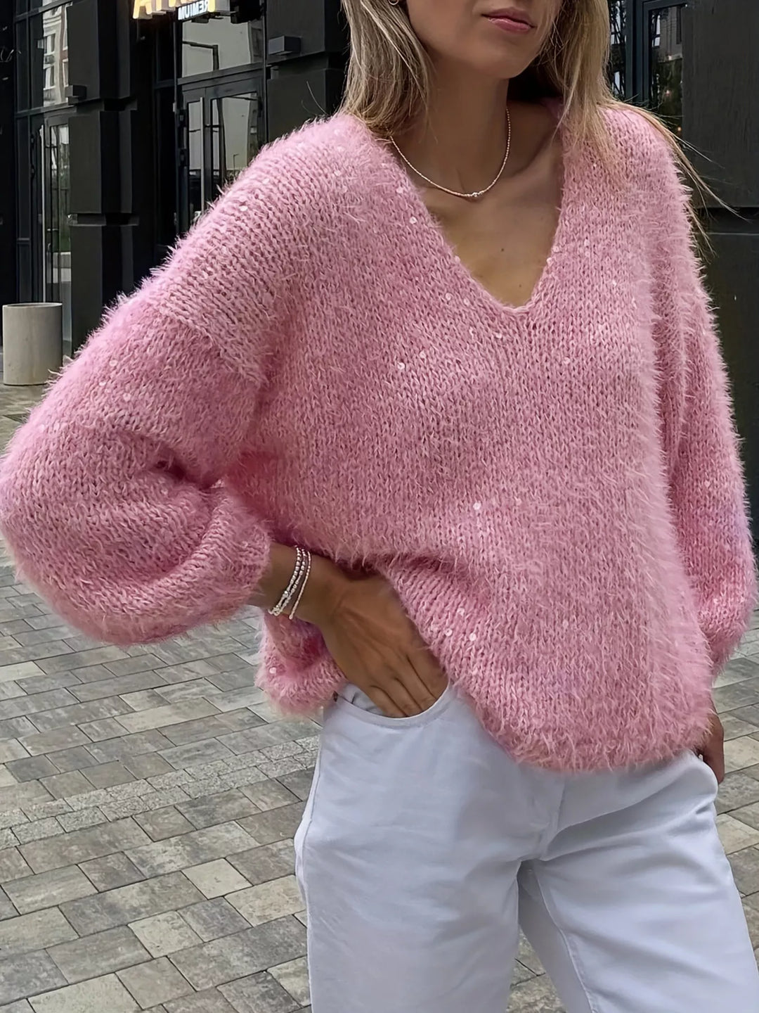 Fuzzy sequin knit V-neck pullover sweater