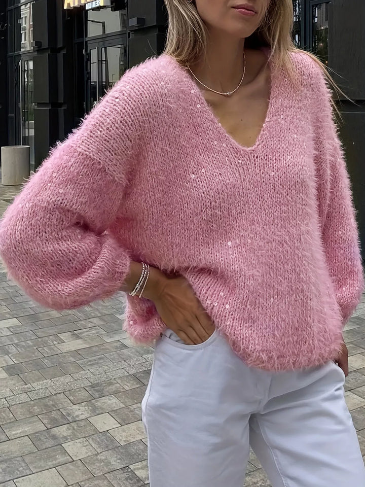 Fuzzy sequin knit V-neck pullover sweater