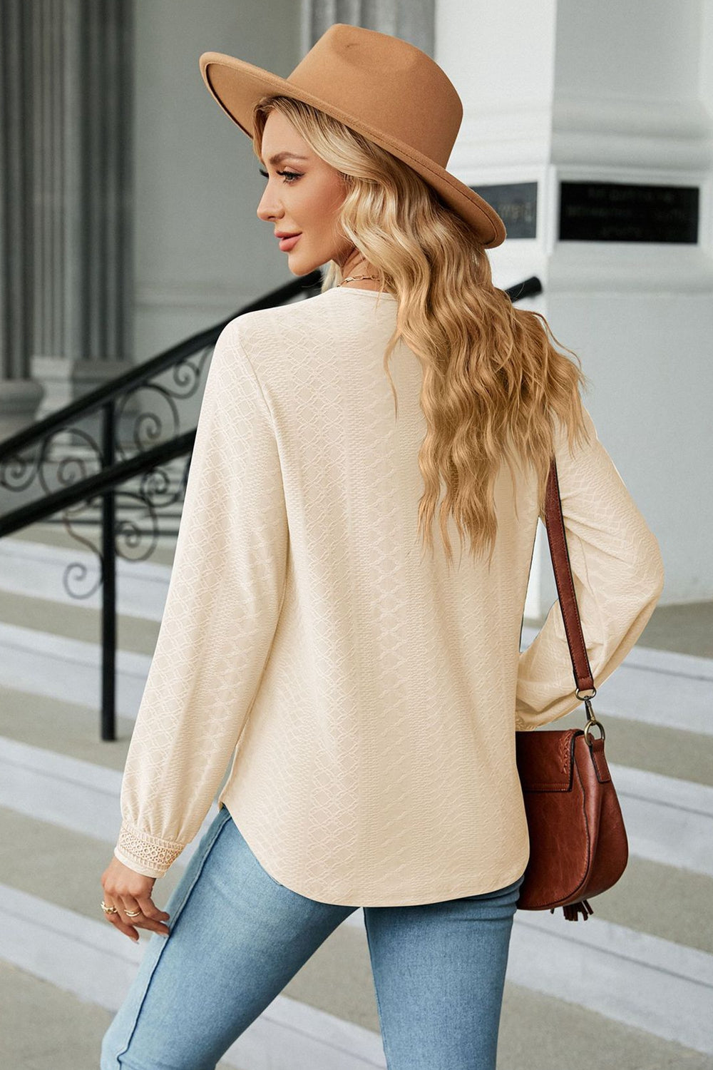 Textured crochet lace V-neck long sleeve blouse