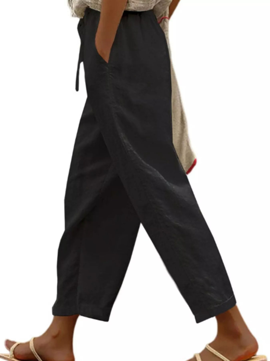 Black Drawstring linen-look cropped pants with side pockets