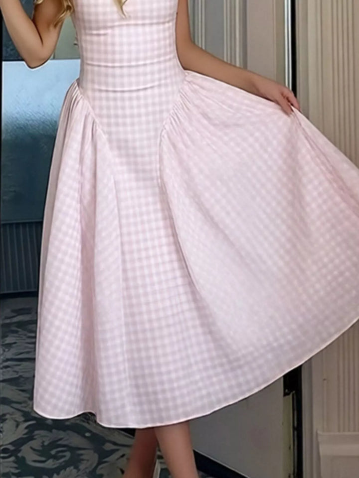 Plaid square-neck sleeveless fit-and-flare midi dress