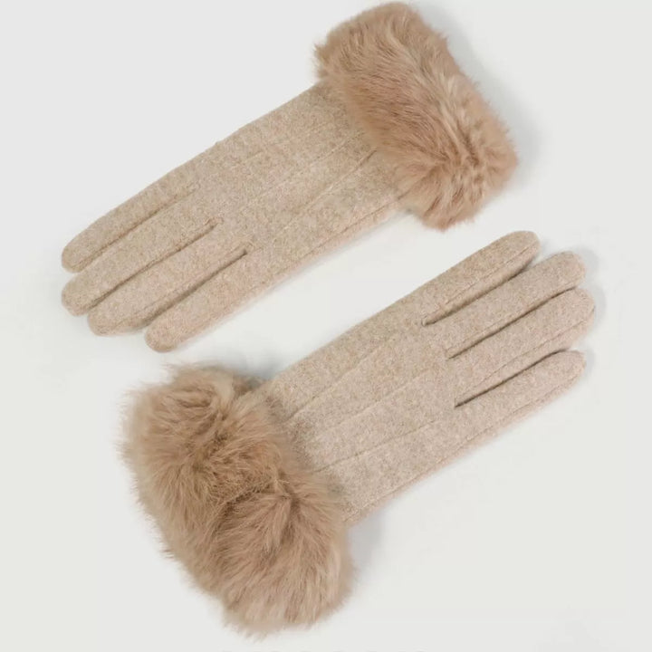 Beige Faux fur cuff knit gloves with touchscreen fingertips