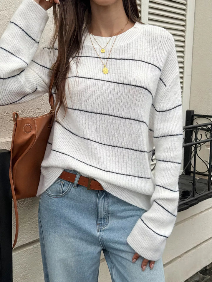 White Striped drop-shoulder crew neck knit sweater