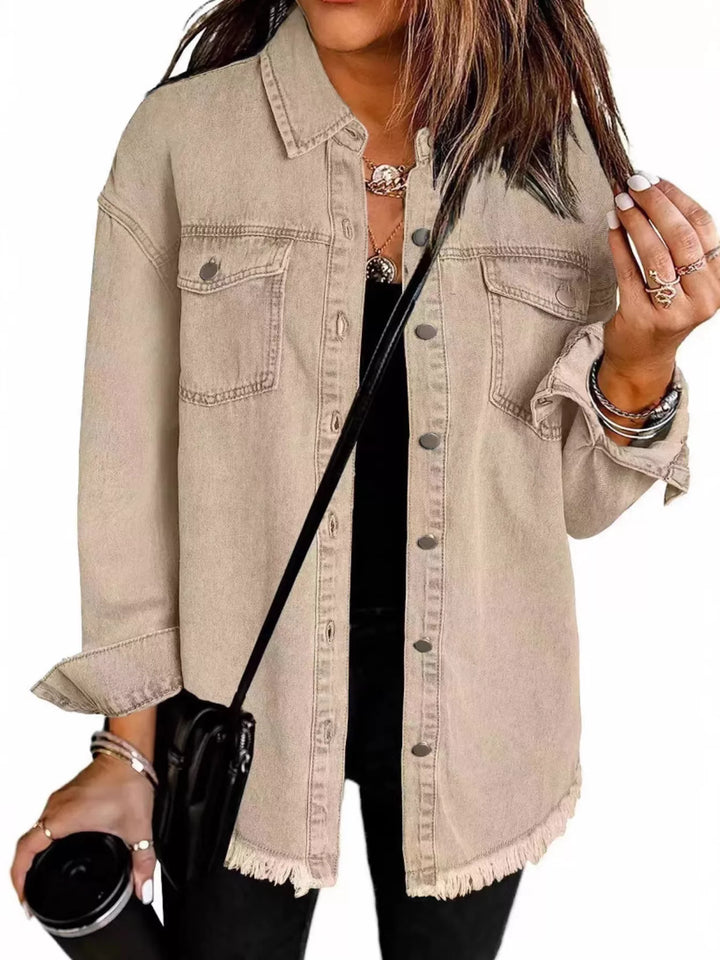 Khaki Frayed raw hem button-up denim jacket with flap pockets