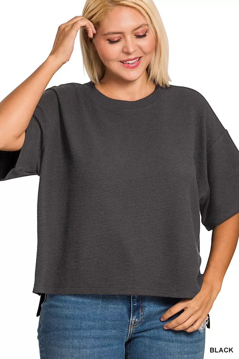 Boxy double knit crew neck top with side slits and hi-low hem