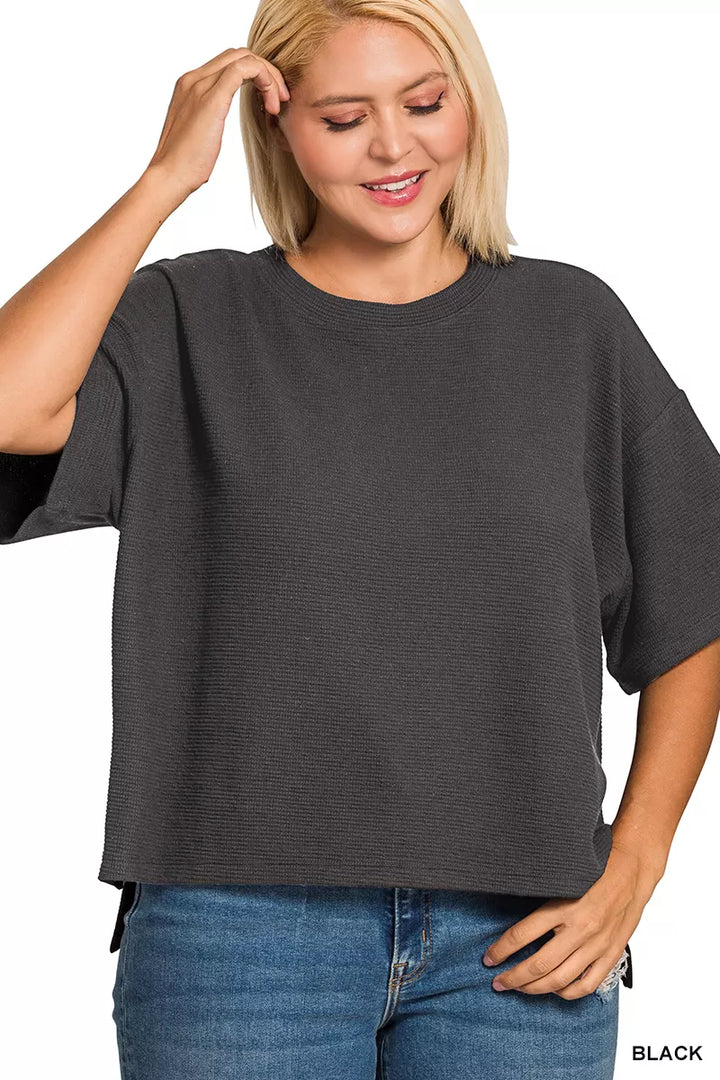 Boxy double knit crew neck top with side slits and hi-low hem