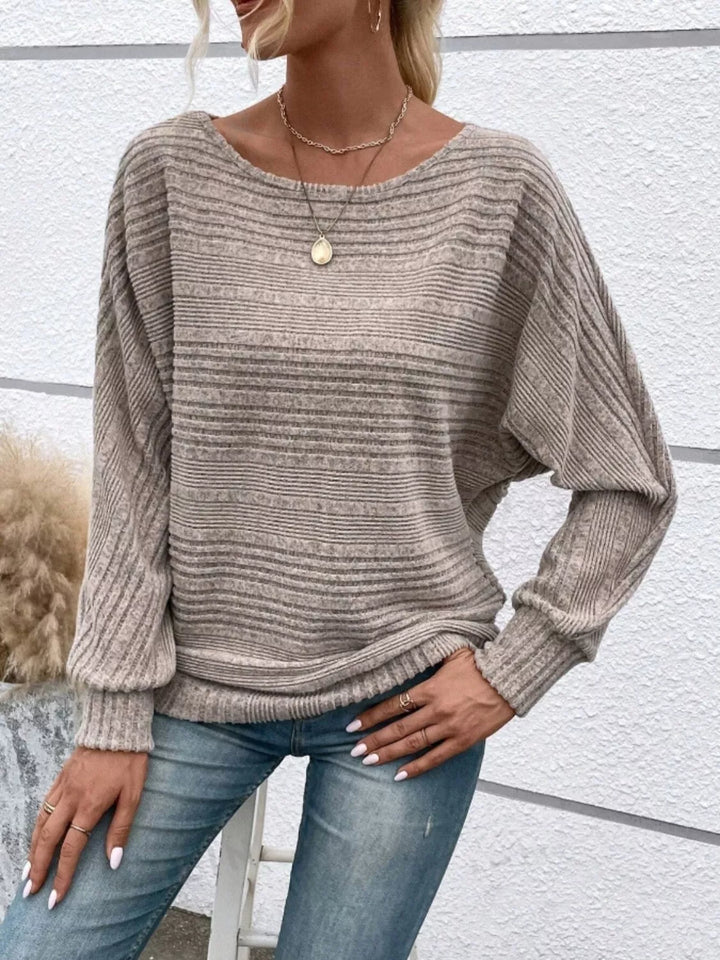 Ribbed knit relaxed long sleeve boat-neck top