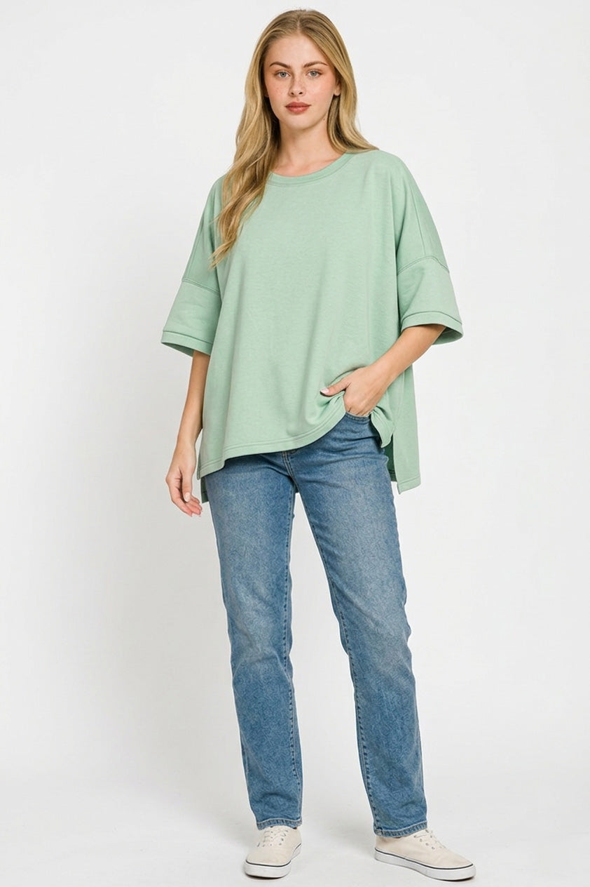 Oversized scuba round neck top with side slits