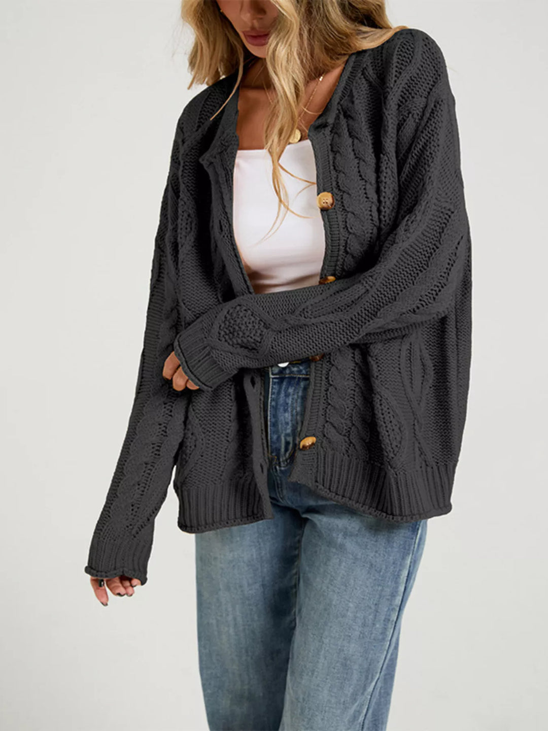 Cable-knit button-down cardigan with ribbed trim