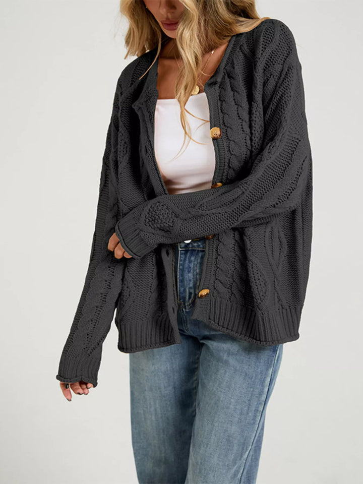 Cable-knit button-down cardigan with ribbed trim