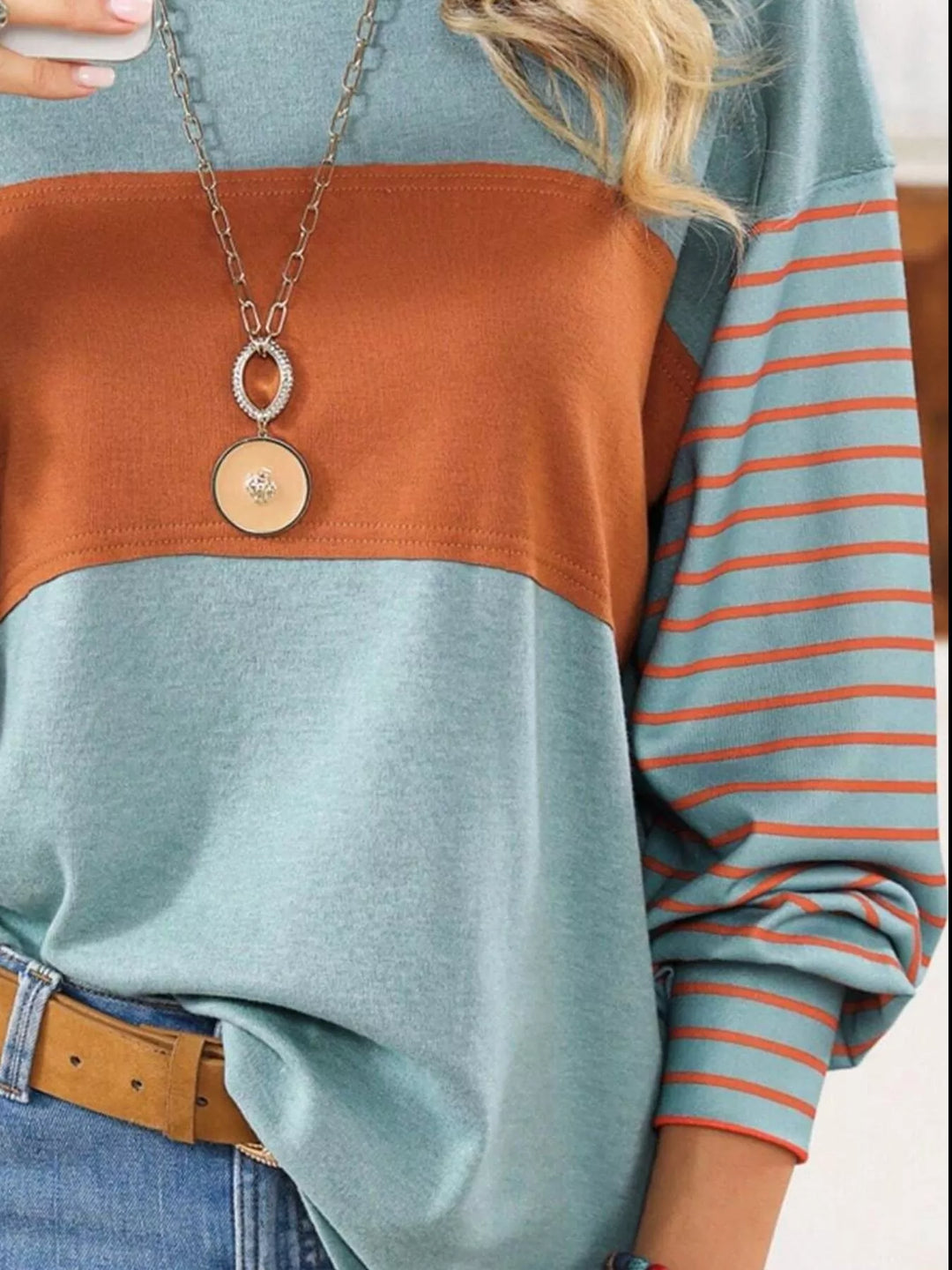 Color block striped long sleeve crew neck top