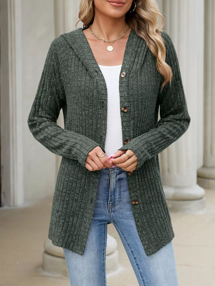 Ribbed knit hooded cardigan with tortoise buttons