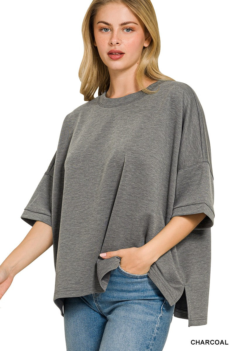 Scuba round-neck drop-shoulder top with side slits