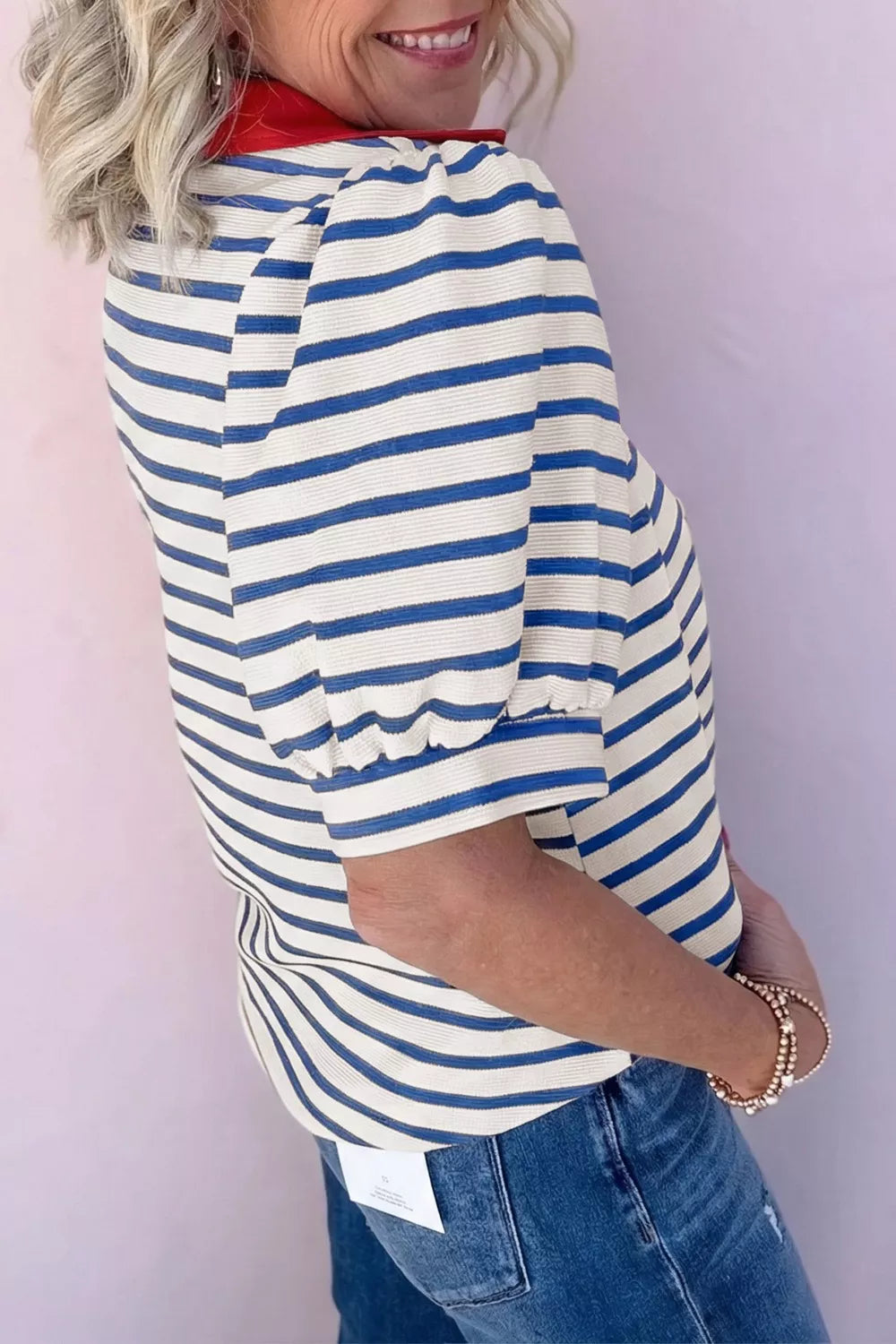 Striped polo top with contrast collar and scalloped hem