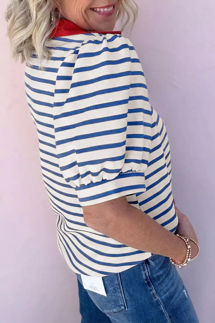 Striped polo top with contrast collar and scalloped hem