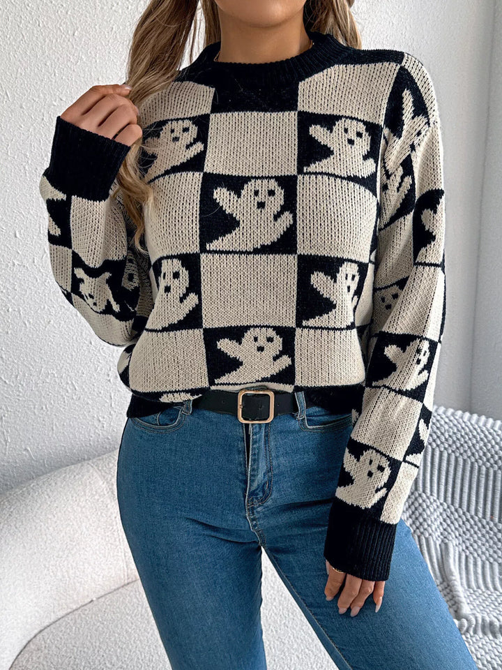Checkered ghost print crew neck sweater with ribbed cuffs