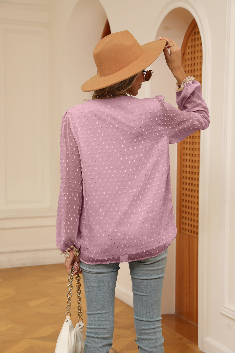 Swiss dot V-neck blouse with crochet lace trim and cuffs