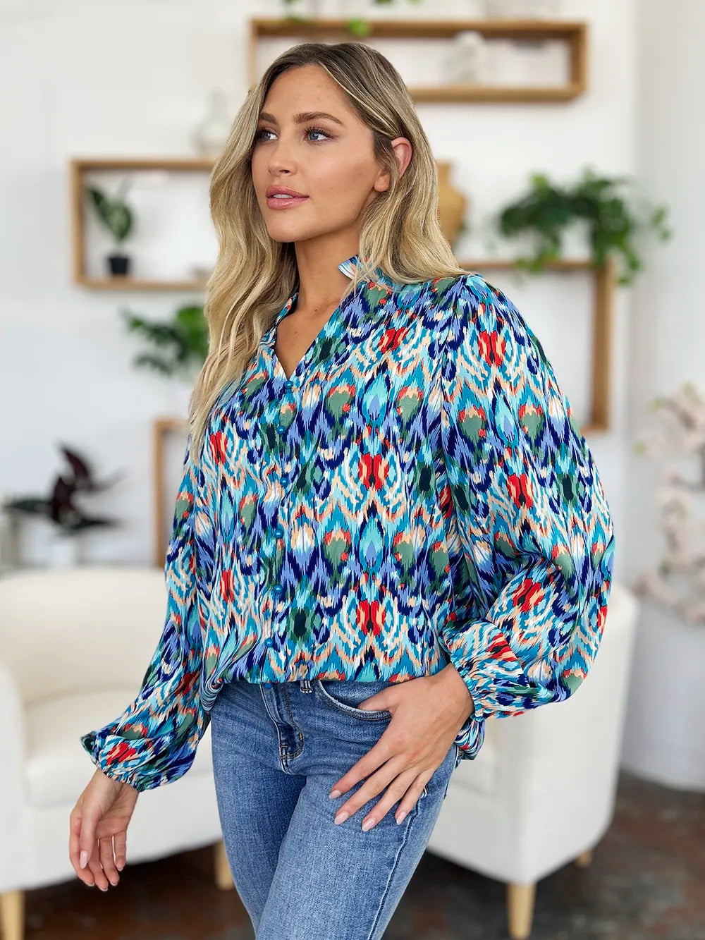 Abstract print balloon-sleeve button-down blouse
