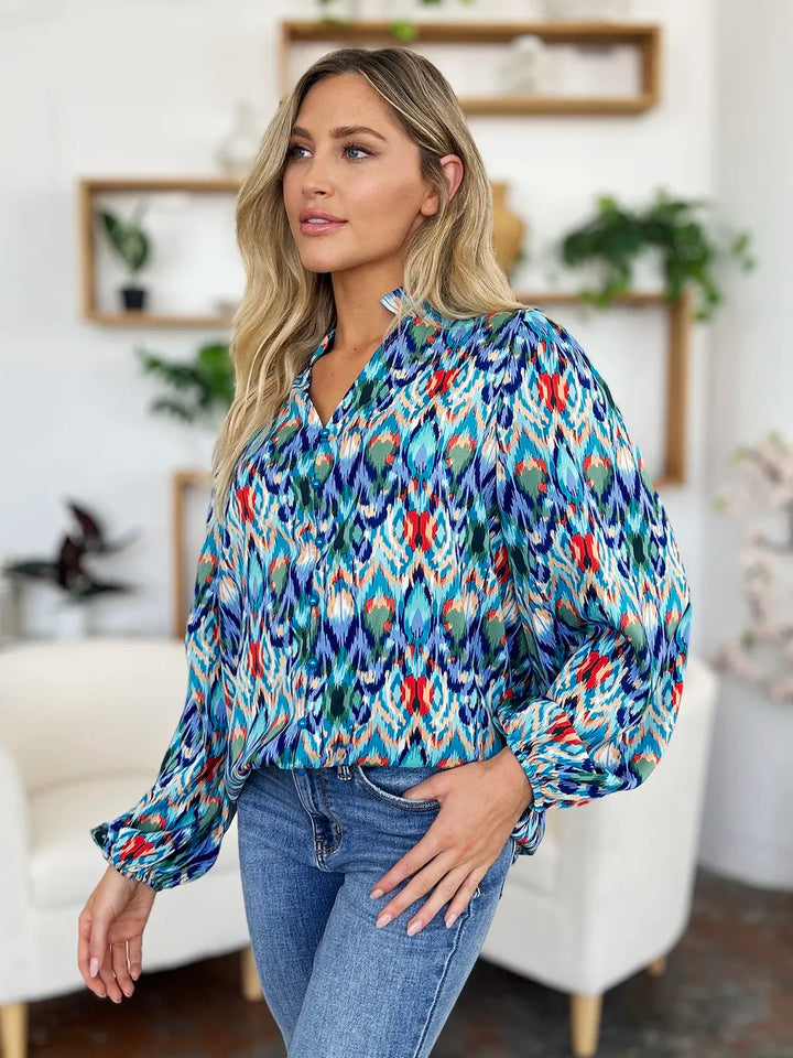 Abstract print balloon-sleeve button-down blouse