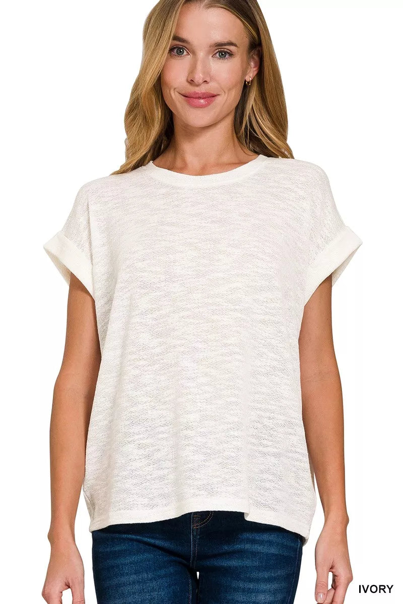 IVORY Relaxed hacci slub knit tee with rolled sleeves