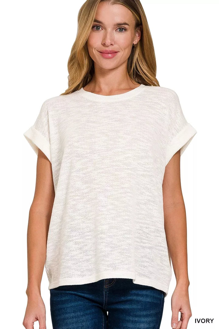 IVORY Relaxed hacci slub knit tee with rolled sleeves