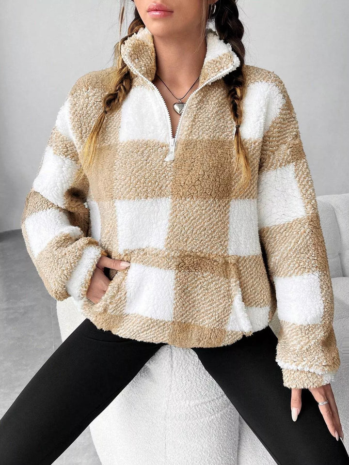 Plaid sherpa quarter-zip pullover with front pocket