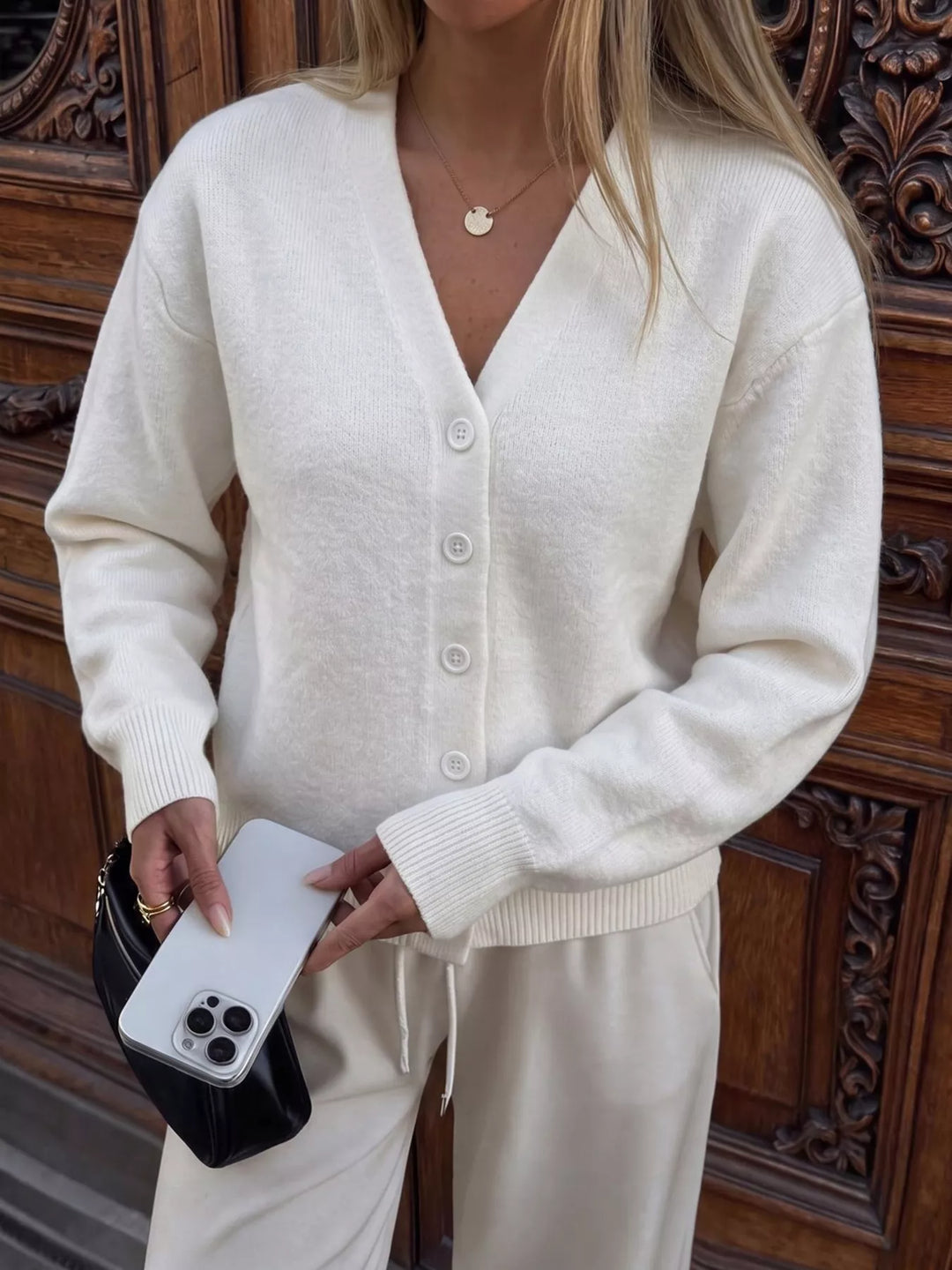 Button-front V-neck knit cardigan with drop shoulders