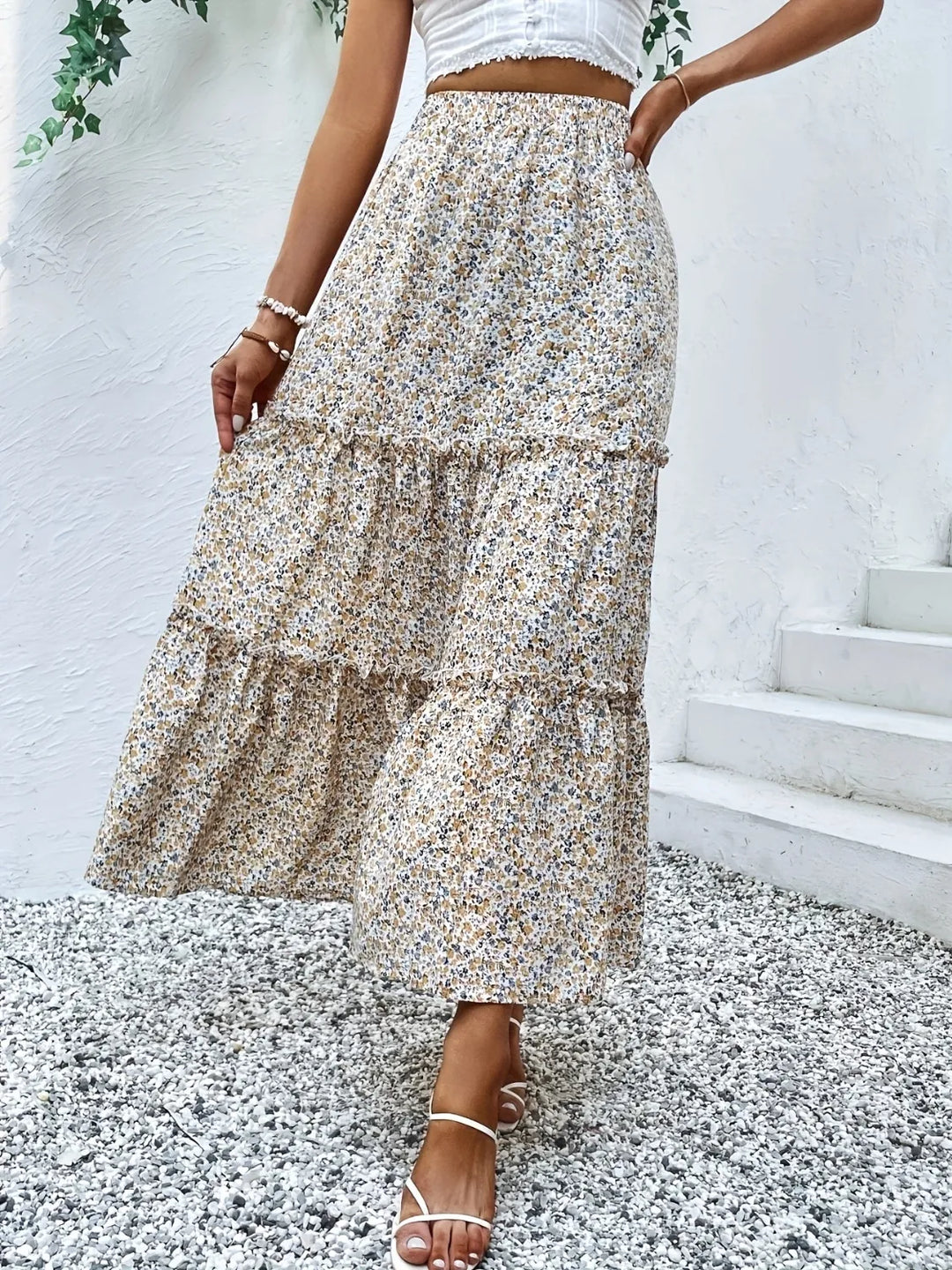 Tiered ruffle maxi skirt with all-over floral print