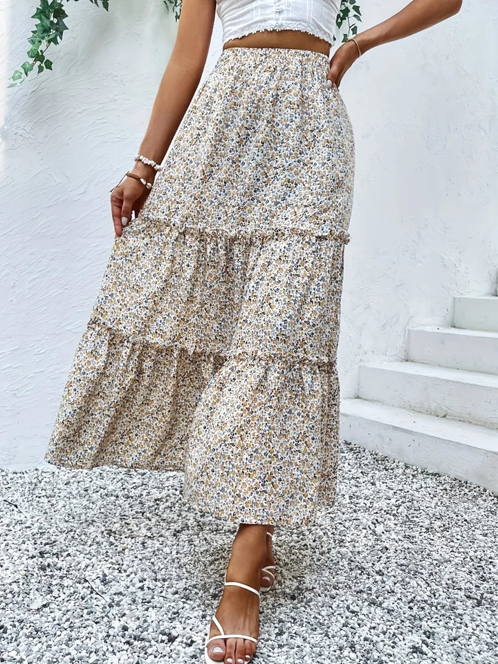 Tiered ruffle maxi skirt with all-over floral print