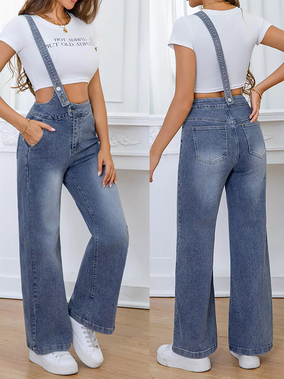 Adjustable single-strap washed wide-leg denim overalls
