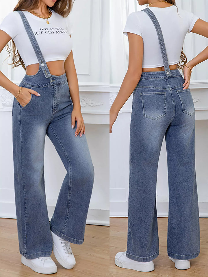 Adjustable single-strap washed wide-leg denim overalls